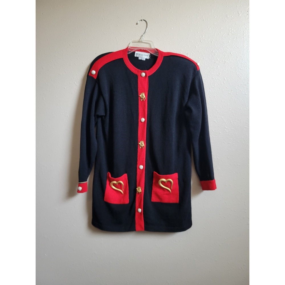 Vintage Rich‎ and Levy Cardigan Sweater Womens Black&Red Gold Pearl Buttons Sz L
